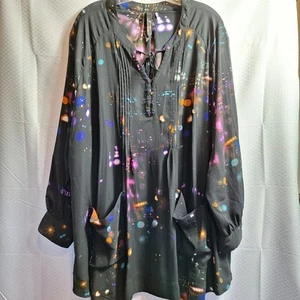MELISSA MCCARTHY Tunic Top Sz 2X Black Multi Geo Semi Sheer Front Pockets Mature - Picture 1 of 9