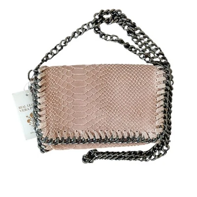 NEW Vera Pelle Crossbody Bag Blush Pink Leather Chain Strap Fold Over Italian - Image 1 of 4