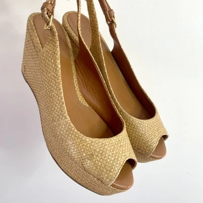 Tory Burch Raffia Wedge Woven Straw Leather Boho Natural Peep Toe Shoes Size 7 M - Image 1 of 4