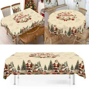Vintage Christmas Tablecloth Santa Snowman Rustic Table Cover Holiday Decor - Picture 1 of 11