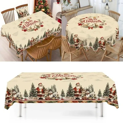 Vintage Christmas Tablecloth Santa Snowman Rustic Table Cover Holiday Decor - Image 1 of 4
