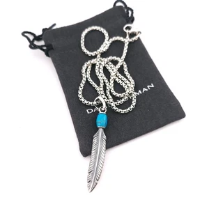 David Yurman Sterling Silver Southwest Turquoise Feather Pendant 20" Inch Chain - Picture 1 of 9