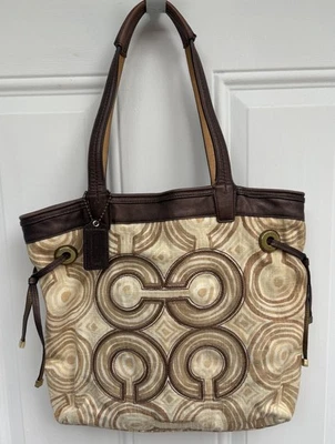 COACH Audrey Op Art Swirl Tote Beige Brown Signature Canvas Bronze 17044 — 第 1/4 张图片