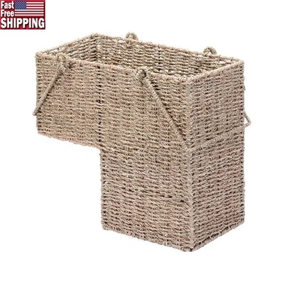 Woven Seagrass Wicker Stair Basket W/ Handles Home Organization Storage New - Image 1 of 4