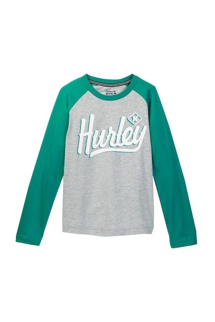 Hurley Big Boys L Long Sleeve T-Shirt Tee Gray Green Raglan Sleeves NWT - Image 1 of 1