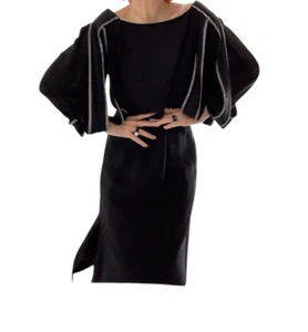 Vestido negro WILLIAM TRAVILLA con mangas llamativas con cinturón y cuentas - Imagen 1 de 6