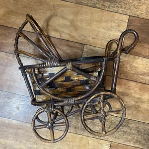 Vintage Wicker Rattan Pram Shaped Basket Plant Holder Stand Rustic Country - Picture 1 of 12