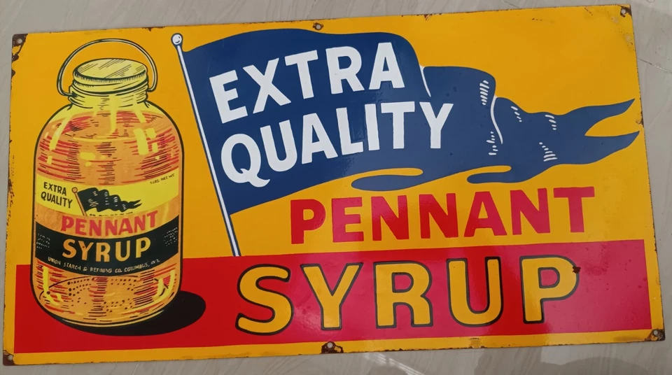 Extremely Rare Antique Not porcelain Vintage Pennant Syrup Painted Tin Sign - Image 1 of 4