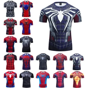 Men's T-shirts Spider Superhero Compression Tights Short Sleeve Tops Tee Gym - Picture 1 of 42