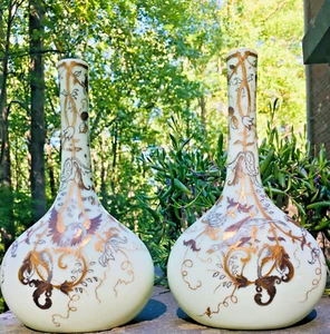 Exquisites antikes Paar böhmische Vasen HARRACH Marke handbemalt vergoldetes Glas - Bild 1 von 5