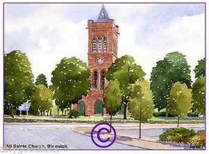 ALL SAINTS CHURCH BLOXWICH WALSALL WATERCOLOUR ARTISTS PRINT ART CARD 8"x 6" - Picture 1 of 1