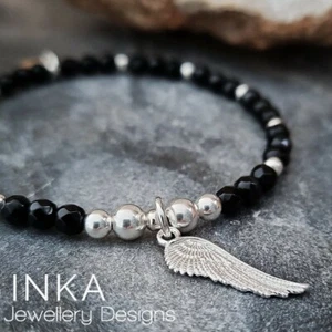 925 Sterling Silver Bracelet Black onyx ANGEL WING beaded Stacker By INKA - Picture 1 of 11