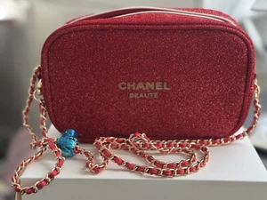 CHANEL Beaute Cosmetic Makeup Bag Pouch Clutch Sparkling RED GOLD - Picture 1 of 3