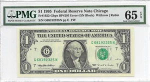 1995 $1 CHICAGO FRN. PMG GEM Uncirculated 65 EPQ. Back Plate # 295 ERROR - Picture 1 of 3