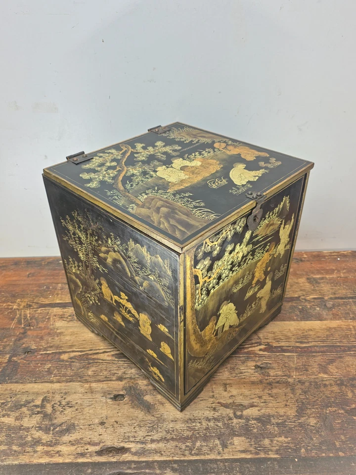 Chinese Antique Lacquer Box, Hundred Boys Motif, Drawers & Lift-Top 14.5"H - Image 1 of 4