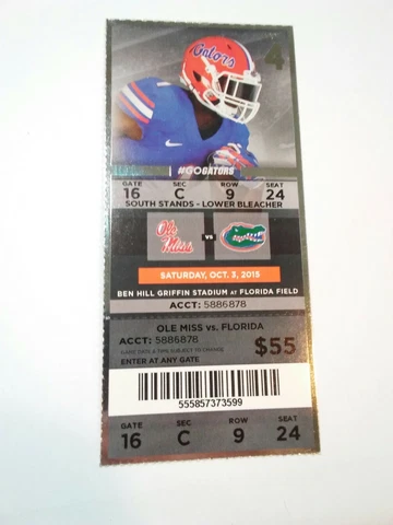 2015 Florida Gators Mississippi Ole Miss Football Ticket Stub Cover