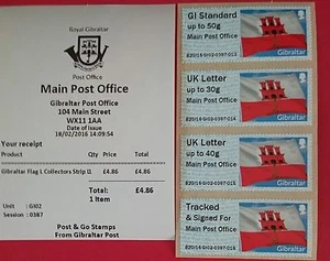 POST & GO - GI02 - GIBRALTAR FLAG 'MAIN POST OFFICE' - NEW STYLE STRIP OF 4 - Picture 1 of 2