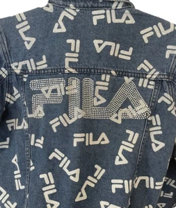 FILA Jacket Womens Extra Small Spell Out Denim Blue Rhinestones Buttons Cotton - Picture 1 of 14