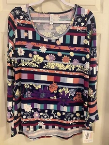 New LuLaRoe Lynnae Size M Scoop Neck Striped Long Sleeve Top Shirt Knit Floral - Picture 1 of 5