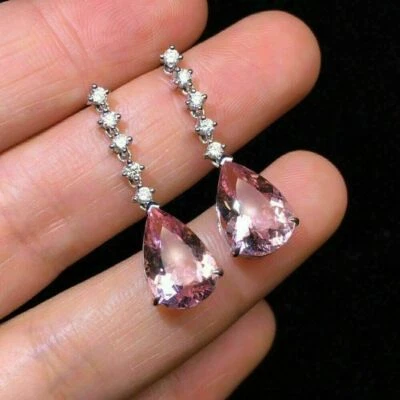 4Ct Lab-Created Pear Pink Sapphire Diamond Dangle Earrings 14k White Gold Finish - Image 1 of 4