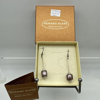 Authentic Murano Glass Earring With Certificate- Cube - Silver/Lavender- M2 - Image 1 of 4
