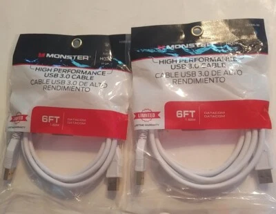 2 Monster 6’ High Performance USB 3.0 Extension Cable New in Bag 141096-00 - Image 1 of 4