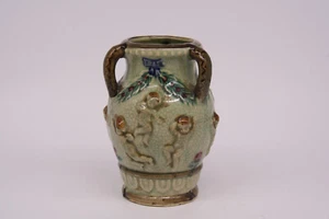Majolica 3 Handle Cherub Vase Angels Made in Japan Vintage Ceramic - Picture 1 of 9