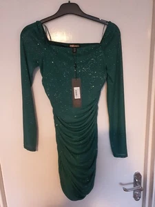 Ladies UK10 Pink Vanilla Glitter Puff Sleeve Dress Emerald Green - Picture 1 of 5