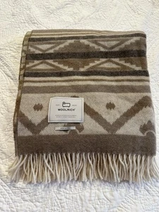 NWT Woolrich Milky Cream Brown Tan Aztec Fringe Wool Throw Blanket Made In Italy - Picture 1 of 8