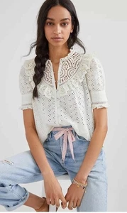 Anthropologie LOVE THE LABEL Blouse Womens Medium Ivory Dreamer Eyelet Lace Boho - Picture 1 of 13