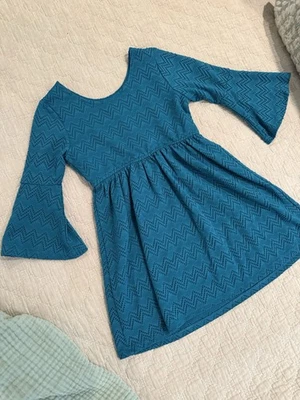 Girls Dark Teal Dress With Bell Sleeves, Lined, Size 5 - Image 1 of 4