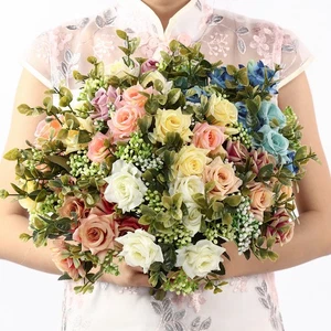 6 Head Artificial Rose Bouquet Silk Fake Flowers Leaf Wedding Party Home Decor - Picture 1 of 17