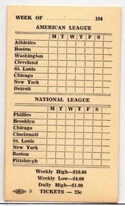 Boleto de apuestas de béisbol de 1940, Yankees, Brooklyn Dodgers, Rojos, Cachorros, Bravos, + - Imagen 1 de 2