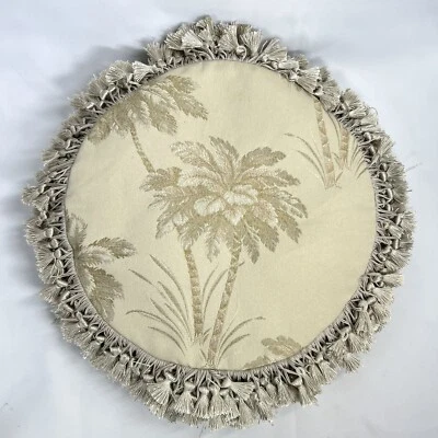 Croscill Round Throw Pillow Silver Cream Palm Trees Decorative Tassels Trim EUC - Image 1 of 4