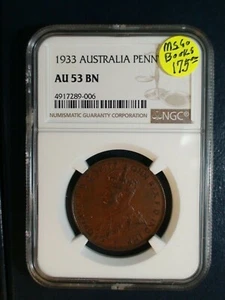 1933 Australia One Penny NGC AU53 BN 1P Coin BUY IT NOW! - Picture 1 of 4