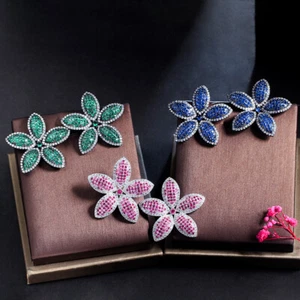 White Gold Plated Red Cubic Zirconia Flower 925 Sterlings Silver Stud Earrings - Picture 1 of 12