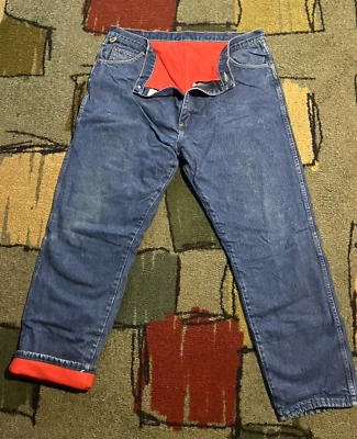 Vtg Wrangler Rugged Wear Red Flannel Lined Denim Blue Jeans Mens 42 (40)x 32 USA - Image 1 of 4