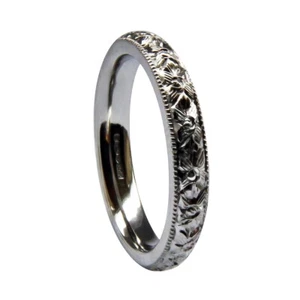 Vintage Grabado a Mano 9ct Oro Blanco 3mm Alianzas Corte Confort 375GB Hm - Imagen 1 de 29