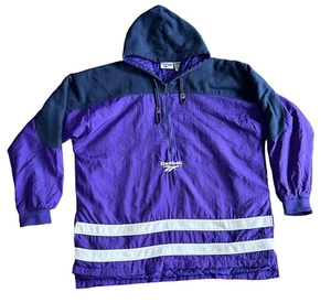 Reebok Men's Vintage Purple 1/2 Zip Hooded Windbreaker Puffy Jacket Large Y2K - Picture 1 of 16