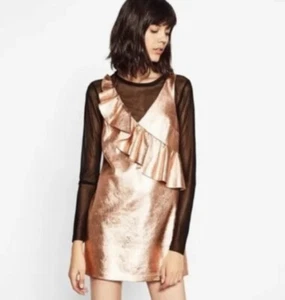 MINIVESTIDO ZARA Trafaluc S Metálico Oro Rosa Volantes Sin Mangas Fiesta de Vacaciones - Imagen 1 de 7