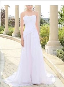 UK New white Strapless Bridal Chiffon A Line Beach Simple Wedding Dress Size 12 - Picture 1 of 4