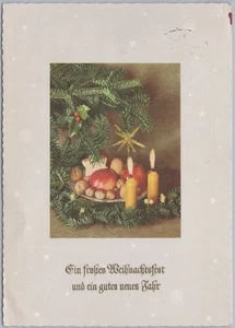 Postal de Navidad alemana, c1950, velas, nueces y frutas - Imagen 1 de 2
