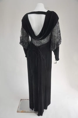 Vintage 1930s Black Velvet Dress  Sequins Bishop Sleeves Goth Witchy Party S/M - Image 1 of 4