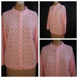 cardigan pull vintage années 50 60 rose dentelle crochet coquette cottagecore rockabilly L - Photo 1/7