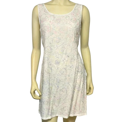 Sacred Threads Sz M Shift Dress Tie Back Rainbow Thread Embroidery White Boho - Image 1 of 4