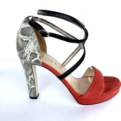 MARVIN K Sz 7.5 Italian Heels  Ankle Strap Red Suede  Snake Pattern Sandal Shoes - Image 1 of 4