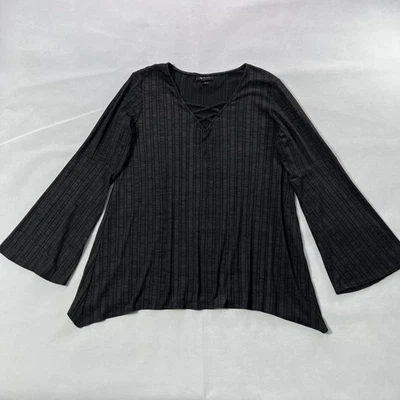 AB Studio Knit Top Women XL Black Heather Bell Sleeve Faux Lace Up Neckline - Image 1 of 4