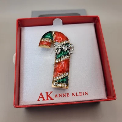 Broche de bastón de caramelo con estrás esmaltado Anne Klein nuevo en caja 2" Foto 1 de 4