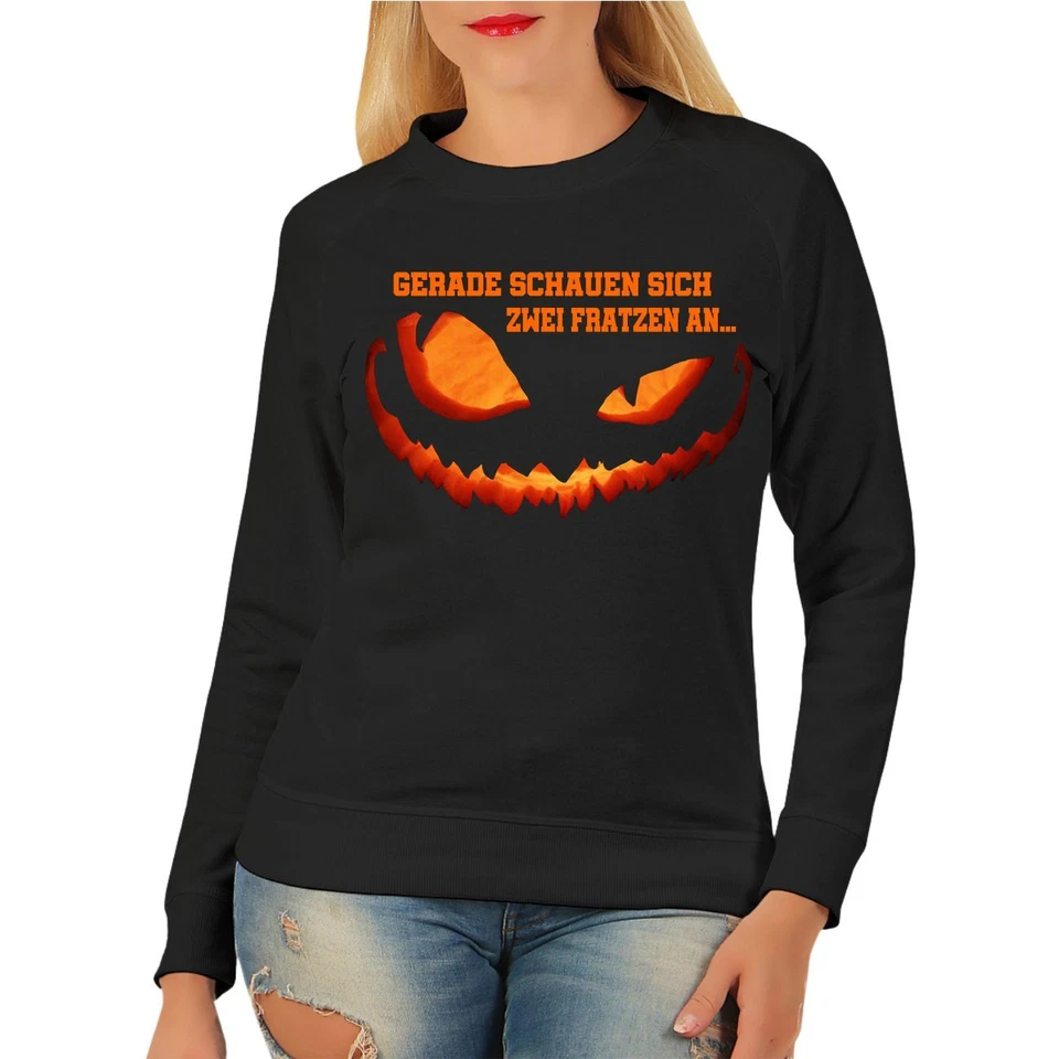 Damen Pullover Sweatshirt Halloween Kürbis Gerade schauen sich Zwei Fratzen an  - Bild 1 von 1