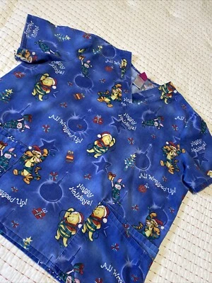 Women's Disney Winnie The Pooh Christmas Print Scrub Top Size Large - Image 1 of 4